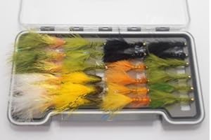 JUST CATCH Barbless lures, Trout Flies, flash damsels, sunbursts and many more in 24 boxed collection Size 10, Watertight box,