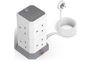 HUMPUN Tower Extension Lead, 8 Way Outlets Surge Protected Extension Tower with 3 USB Ports (2A&1C), 3250W Extension Cord, Overload Protection, 2M Extension Plug for PC/Phone/Laptop/Speaker/TV - White