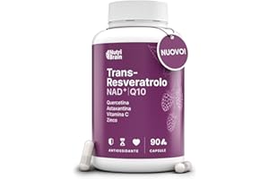 NUTRIBRAIN Trans-Resveratrolo, NAD⁺, Coenzima Q10, Quercetina, Astaxantina, Vitamina C e Zinco | Antiossidante, Anti-Età e Difese Immunitarie | 90 Capsule | Formula Avanzata con 7 Attivi Sinergici | 3 Mesi