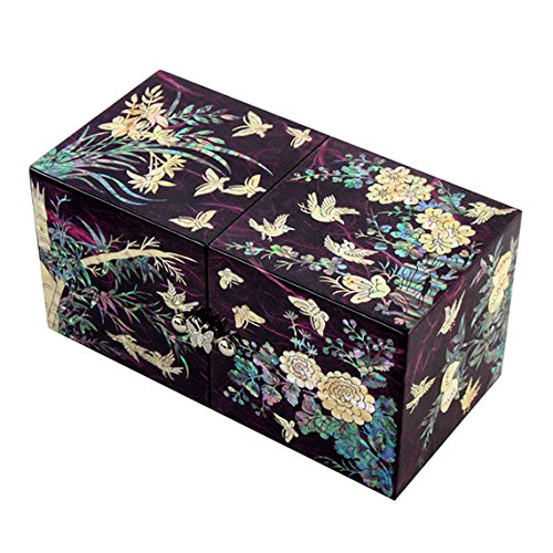 Cofre con Madreperla Diseño de Las Cuatro Flores Nobles Madera Lacada para Joyería Bisutería Anillos Collares Regalo de Mujer Cajita Organizadora