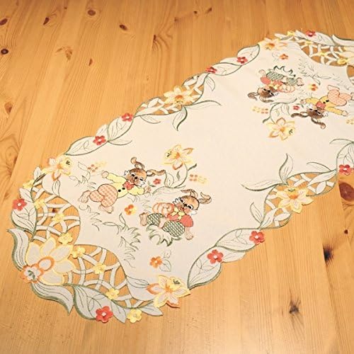 Table Runner-Embroidery, oval, ecru / Multi-Coloured (40 "/" Bunny 90 CM)