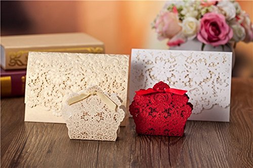 PONATIA 50 pcs laser Schnitt mit Band Hochzeit Party Favor, Hochzeit Geschenk Taschen Schokolade und Geschenk-Boxen (Red) - 7