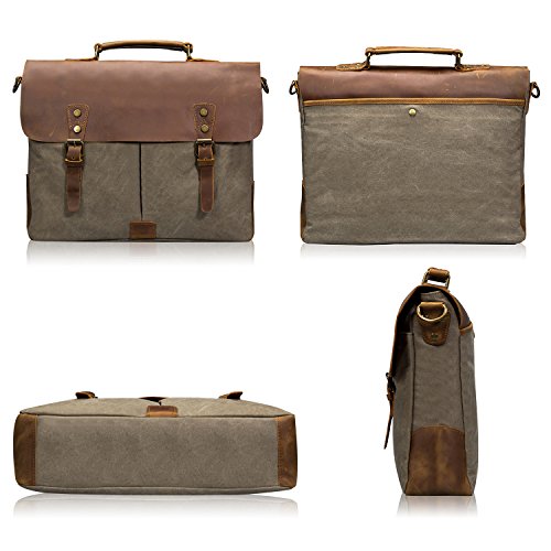 Estarer Vintage Leder Canvas Umhängetasche Laptop Tasche 15,6 Zoll Schultertasche Armee Grün - 5