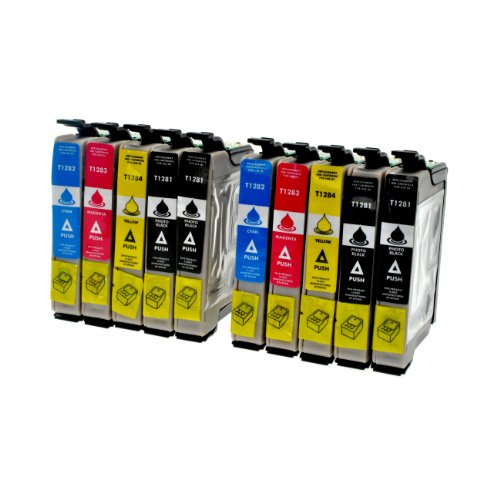 10 Druckerpatronen für Epson T1281 T1282 T1283 T1284 T1285 - 4x bk je12 ml,2x c,m,y je 8 ml