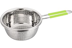 Contiup Colino in acciaio inox perforato in metallo con manico lungo verde setaccio setaccio da utilizzare per cucina, cibo, pasta, spaghetti, verdure, argento, 20,1 cm