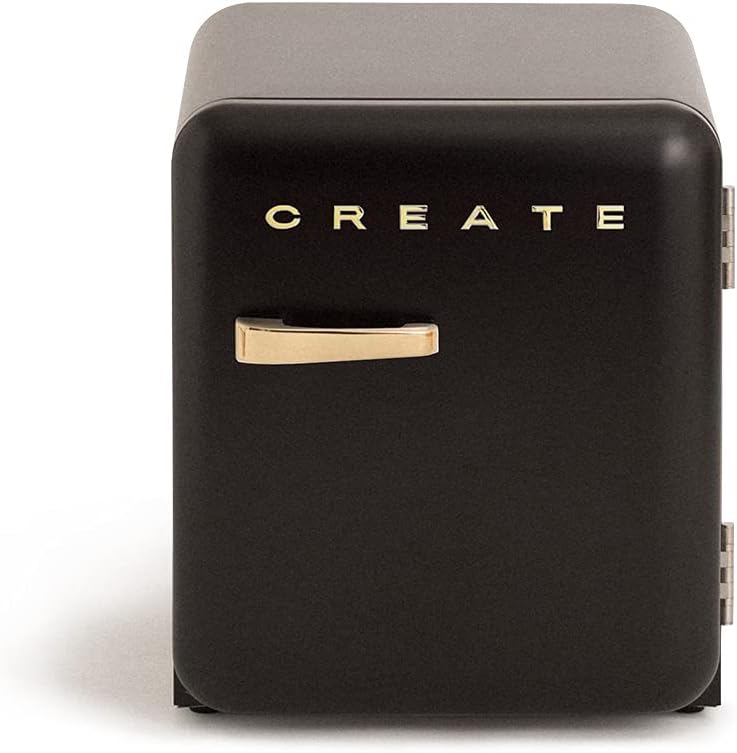 CREATE / RETRO FRIDGE 50 GOLD/Frigorífico negro maneta oro / 85W, minibar, un estante, diseño retro, 50 cm, dos repisas, capacidad de 48L, bajo consumo, 50x44x49,8 cm