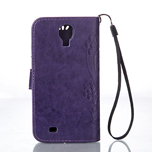 Galaxy S4 Hülle,Galaxy S4 Case,Galaxy S4 Leder Wallet Tasche Brieftasche Schutzhülle,ikasus® Prägung Schmetterling Blumen Muster PU Lederhülle Flip Hülle im Bookstyle Cover Schale Stand Ständer Etui Karten Slot Schutzhülle Grau Tasche Wallet Case für Samsung Galaxy S4 i9500 – Groß Schmetterling:Lila - 2