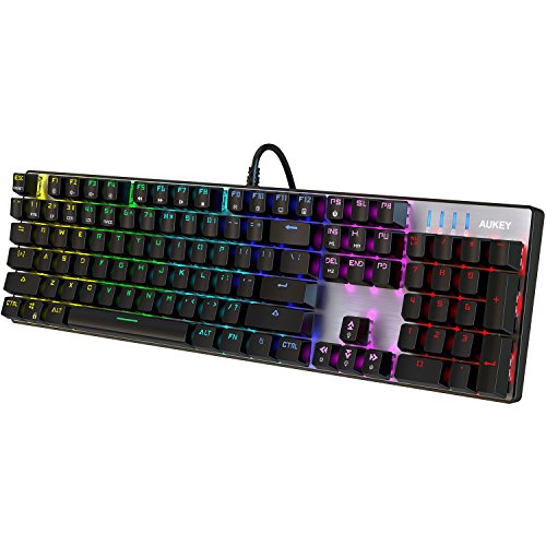 AUKEY Clavier de Jeu 104 Touches US-layout Complètes Aucun de Conflit Clavier Mécanique [ Bleu Commutateurs ] Personnalisé RGB Rétro-éclairage avec Multimédia Fonction Combinaisons de Touches pour Joueurs, Dactylographes, Bureau 