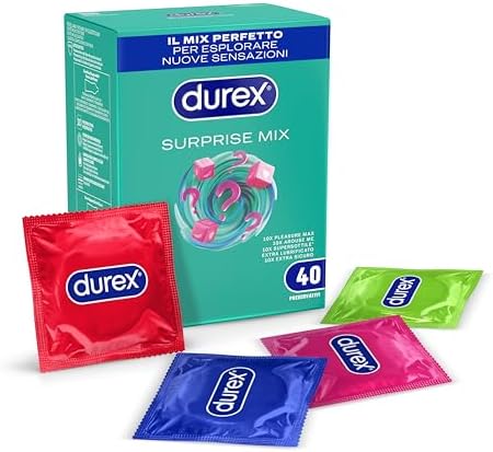 Durex Surprise Mix, Preservativi Assortiti, Profilattici Sottili e con Rilievi e Nervature, 40 Profilattici, Solo Online