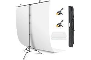 EMART Hintergrund Weiß mit Ständer 1,5 x 2,6 m, T-Förmigem Foto Hintergrundständer mit Weißer Fotohintergrund und 2 Hintergrundklemmen für Streaming, Photo Video Studio