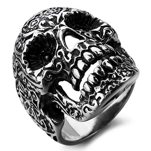 MunkiMix Acero Inoxidable Anillo Ring Negro El Tono De Plata Cráneo Calavera Flor Flower Talla Tamaño 17 Hombre