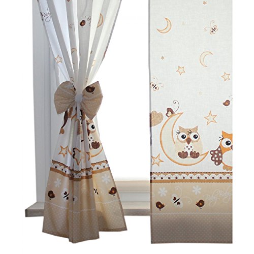 2er Set Gardinen Kinderzimmer Vorhänge mit Schlaufen und Schleifen 155×95 cm Dekoschal Schlaufenschal , Farbe: Eulen Beige, Größe: ca. 155×95 cm - 3