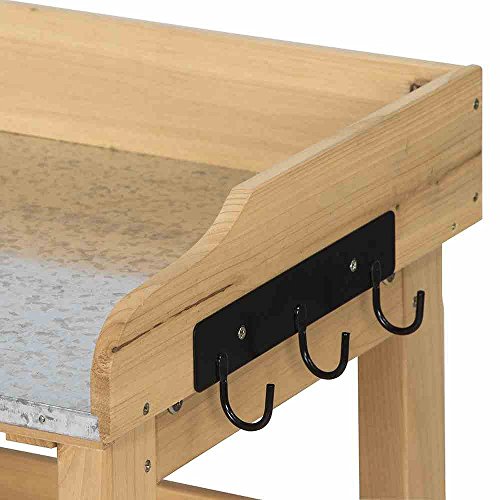 myGardenlust Pflanztisch Holz-Pflanztisch 76x37x89 cm Kiefer Braun Eckig | wetterfest | verzinkte Arbeitsfläche | nützliche Haken | 2 Abstellböden | 3 Haken für Garten-Werkzeug Braun - 2