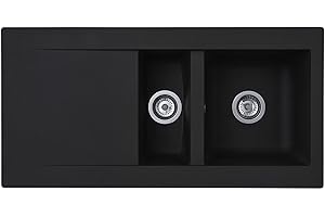 Liquida EW15BL 1.5 Bowl Composite Reversible Inset Black Kitchen Sink with Waste