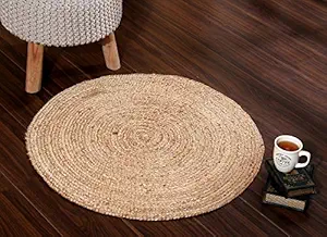 SASHAA WORLD Jute Rugs Handcrafted,Woven & Reversible Design Jute & Cotton Braided Round Carpet Door Mats,Natural (90 cm, Beige)