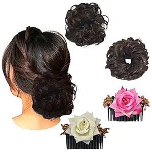 Messy Hair Bun Extension Scrunchies Brown - Pack of 4, (2 Hair Buns Comb Clips & 2 Hair Bun) / Artificial Jura Synthetic Juda Accessories For Women