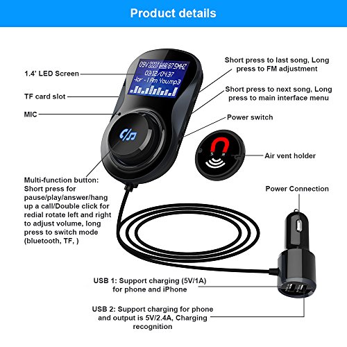 Trasmettitore FM Bluetooth 4.1, Caricabatteria da Auto con 2 Porte USB e Cavo 120cm, Bluetooth Radio Adattatore da Auto Kit, Chiamate Vivavoce, Supporta Carta TF, Caricatore USB per Smartphone, GPS, Lettori iPod, Altri Dispositivi Bluetooth