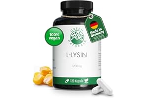 ‎GREEN NATURALS L-Lysin - Hochdosiert: 1200 mg - 120 Kapseln (2 Monate Vorrat) - Fermentiert aus Mais - 100% natürlich, rein und vegan - Apothekenqualität - Laborgeprüft in Deutschland - Green Naturals®