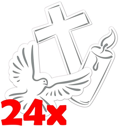24-teiliges Tisch-Deko-Set * WEISSE TAUBE + KREUZ + KERZE * für Konfirmation, Kommunion oder christliches Fest // XXL Konfetti Trauerfeier Weihnachten Ostern Advent Dekoration Deko Motto