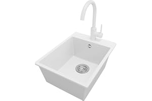 PRIMAGRAN Fregadero Granito Blanco 38x50cm, Cocina 1 Seno + Grifo 32x20cm + Sifón, Sobre encimera al mueble 40cm - Riga S011