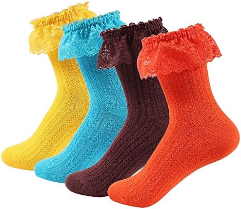 Fitu Women's Bamboo Fiber Lace Trim Ruffle Frilly Socks 4-pack in Gift Box (MIX2)
