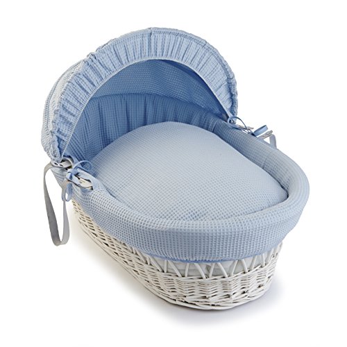 Waffle White Wicker Moses Basket - Blue