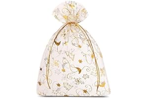 SAKETOS Weihnachten Organza Beutel 10 Stück Stoffsäckchen mit Weihnachts Motiv Geschenksäckchen Organzasäckchen mit Zugband Geschenkverpackung Weihnachts Dekoration I 12 x 15 cm - Ecru Weihnachten
