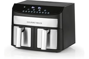GOURMETmaxx Dwukomorowa frytkownica na gorące powietrze, 2 x 3,5 l, stal nierdzewna, Airfryer z synchronizowanymi strefami gotowania, funkcją timera i wyświetlaczem dotykowym, energooszczędne smażenie
