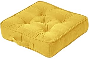 HOMESCAPES Rajput 100% Cotton Floor Cushion Yellow 40 x 40 x 8 cm Square Indoor Garden Dining Chair Booster Seat Pad Cushion