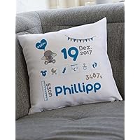 Kissen als Geschenk zur Geburt, Babygeschenk für Jungen mit Geburtsdaten, Geburtskissen, originelles Namensgeschenk für Baby, Kissenbezug 40x40 als Geschenk zur Geburt