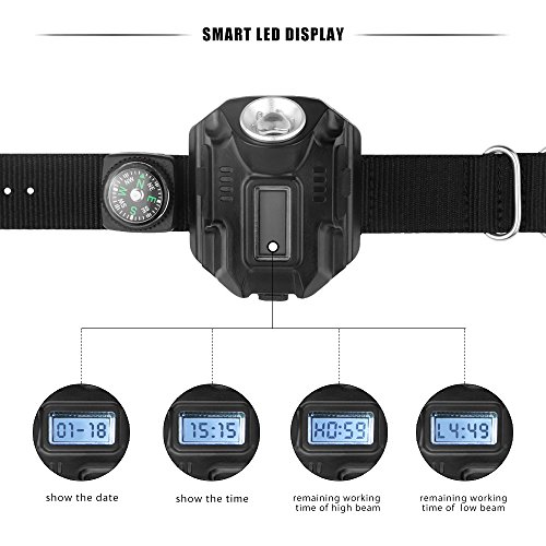 LED-Uhr, wiederaufladbar, wasserdicht Armbanduhr Taschenlampe Handgelenk Lampe 4 Modus SOS Zeit Display mit Kompass für Laufen Bergsteigen Camping Überleben Wandern Jagd Patrol - 6