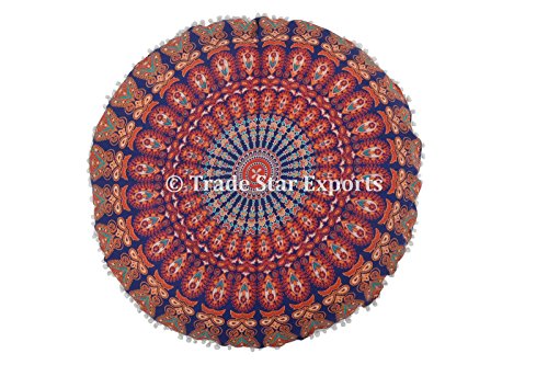 Groß Rund Mandala Kopfkissen 81,3 cm Indischen Boden Kissen, dekorativer Überwurf-, Roundie Pouf Polsterhocker, Boho kissenrollen, POM POM Außenkissenbezug - 4