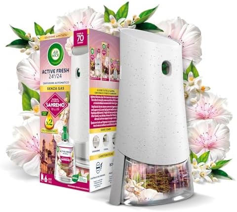 Air Wick Active Fresh Deodorante per Ambienti, Confezione con 1 Diffusore Automatico senza gas, 1 Ricarica alla Fragranza Sinfonia di Fiori di Sanremo con Oli Essenziali 228ml, 2 Pile AA