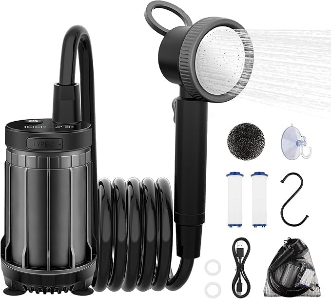 Uplayteck Ducha Camping Portatil, Ducha Electrica Recargable 8000mAh con Digital Inteligente, 150 Minutos de Autonomía, IPX8 Impermeabilización Ducha de Camping con Bomba para Acampar, Viajes