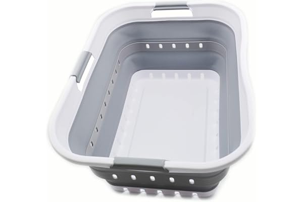 Sammart 42 Litre Panier à linge pliable en plastique, utilisable comme bac de rangement ou de nettoyage, portable, gain de place, blanc/gris