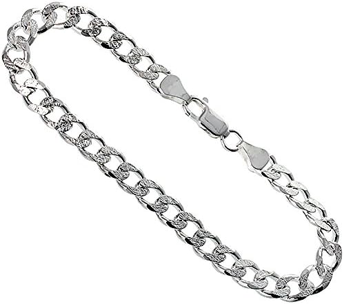 Sterling Silver Italian Pave` Curb Cuban Link Chain Necklace 6.6mm Diamond Cut Beveled Edges Nickel Free, 76 CM Long