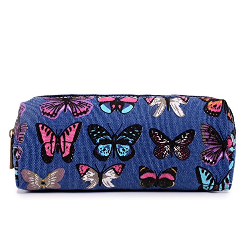 Miss LuLu Women Girls Canvas Students Pen Pencil Case zipper Bags Cosmetic Travel Makeup Bags Pouch Box (Butterfly Navy)
