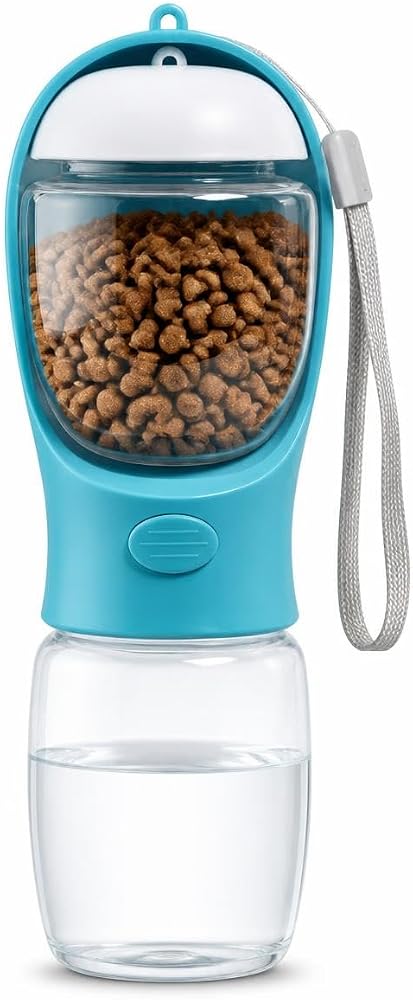 Busstier Taşınabilir Köpek ve Kedi Su ve Mama Kabı, Seyahat ve Yürüyüş İçin 2 Bölmeli Evcil Hayvan Su Şişesi ve Mama Haznesi, 350 ml, Mavi