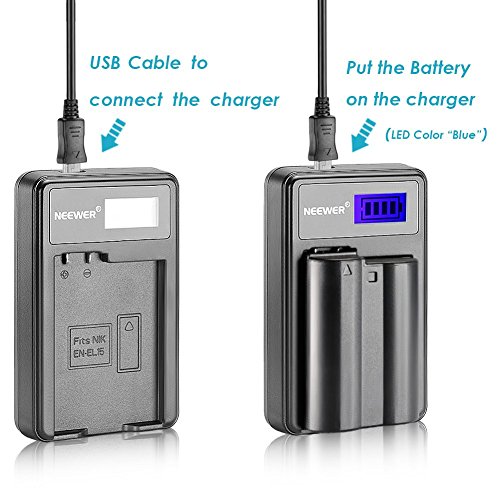 Neewer    Lot DE 2  7 0  V 1900  mAh EN-EL15  Batterie de Rechange   USB Chargeur de Batterie pour Nikon 1  V1  D600  D610  D7000  D7100  D750  D800  8000  S D800s D800E D810  MB-D11  MB-D12