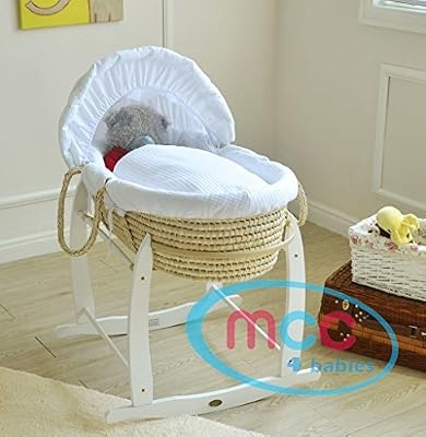 MCC Ensemble couffin en palmier naturel avec habillage couleur blanche 100% Coton gaufré & pied de couffin à bascule