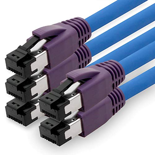 1aTTack.de Cable de Red cat8 (Cat.8) PoE + Adecuado 2000 MHz 40 Gbit/s High End Patch Cable Ethernet Cable AWG24 Flexible Cobre Conductores halógenos Azul - 5 Unidades 0,5m