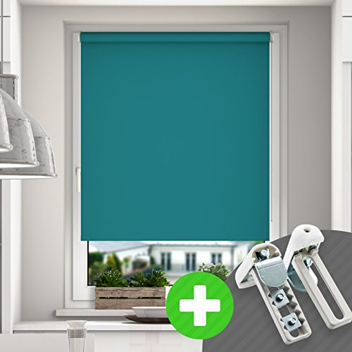 DESWIN Rollos - Set: Premium Verdunkelungsrollo + Premium-Klemmhalter - 85 x 190 cm TÜRKIS - (mit 32mm Rollo-Welle, Metallkette, Halter zum Schrauben)