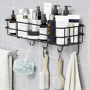 Plantex GI Steel Multipurpose Bathroom Shelf with Hooks/Rack/Towel Holder/Bathroom Accessories - Wall Mount (Black)