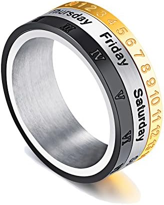 UM Jewellery Mens Stainless Steel Roman Numerals Week Calendar Three-Tone Ring Black Silver Gold