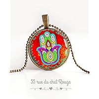 Handgefertigte Glas Cabochon Anhänger Halskette aus Fatma, Khamsa, Schutz, Hindi, Hindu, Gott Indien,