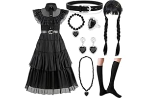 NCKIHRKK Kostium na Halloween dla dziewczyny, 8 Częściowy kostium na Halloween dla dziewczynek z peruką i biżuterią, Kostium na Halloween dla dzieci na urodziny Halloween Karnawał Cosplay, 120 cm