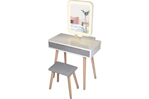 ARTETHYS White Dressing Table Set with LED lights Mirror, Modern Vanity Makeup with 2 Drawers, Cushioned Stool and Free Make-up Organizer, Bedroom Dresser with Adjustable Brightness Mirror(Rectangle)