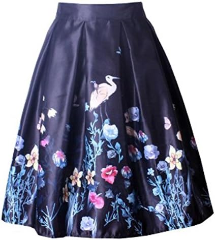 8306 Print Satin Back Elastic Pleated 1950s A-Line Vintage Knee Length Midi Skirt