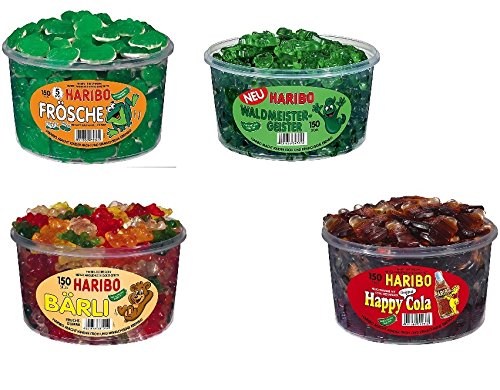 Preisvergleich Produktbild 4 große Dosen Haribo Mix FrühjahrFrösche Waldmeister-Geister Happy Cola Schlümpfe