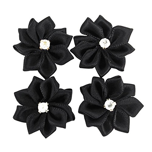 DANDAN DIY Upick 40PCS Satin Ribbon Flowers Bows Rose w/Rhinestone Appliques Craft Wedding Dec Black